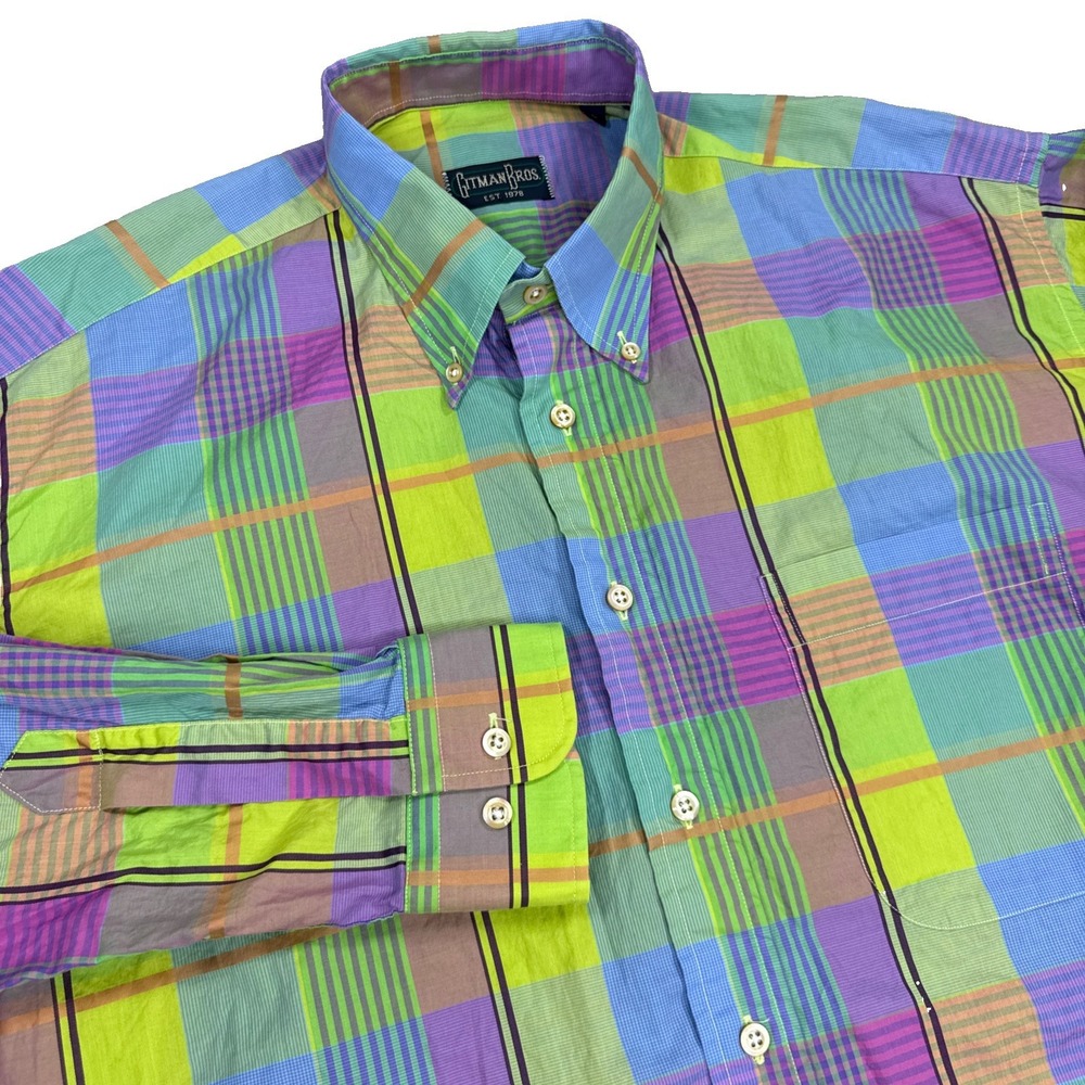 Gitman Bros. Shirt Men's L Lime Green Blue Madras Plaid Ivy Preppy USA Vintage